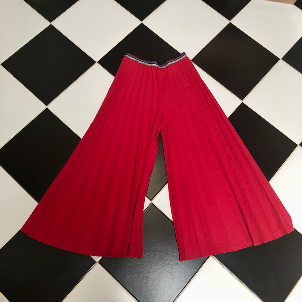 Lumina Red Pleated Wide Leg Gaucho Pants Sparkle Elastic Waistband Italian sz M